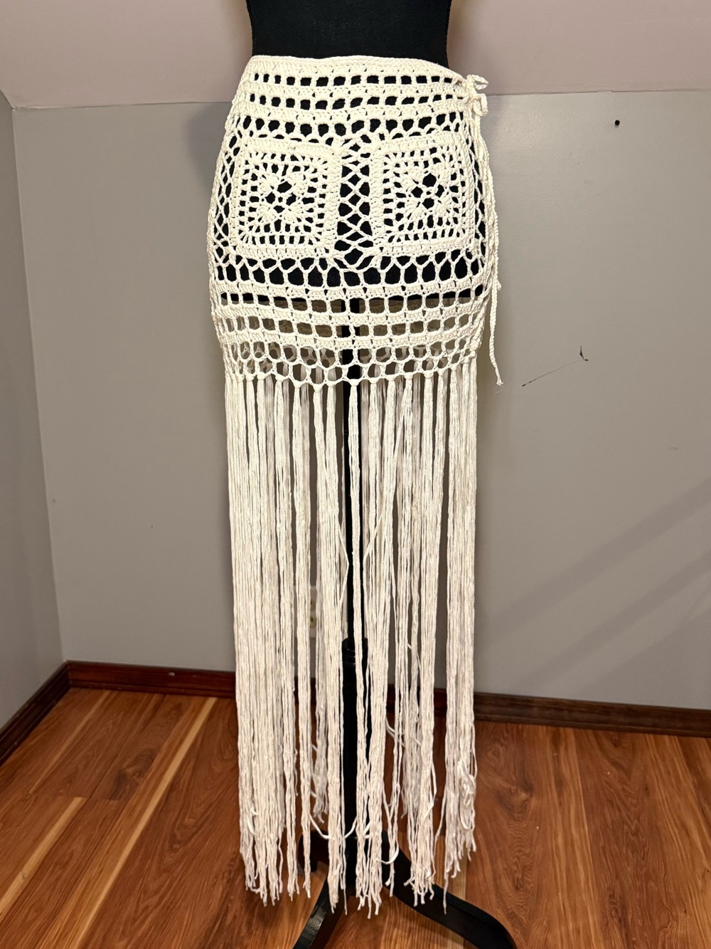 HYFVE Cream Crochet Fringe Wrap Skirt cover up